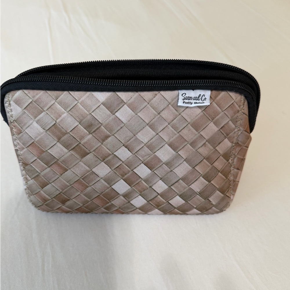 Small Woven Print Toiletry Pouch - Taupe with Black Trim - NEW